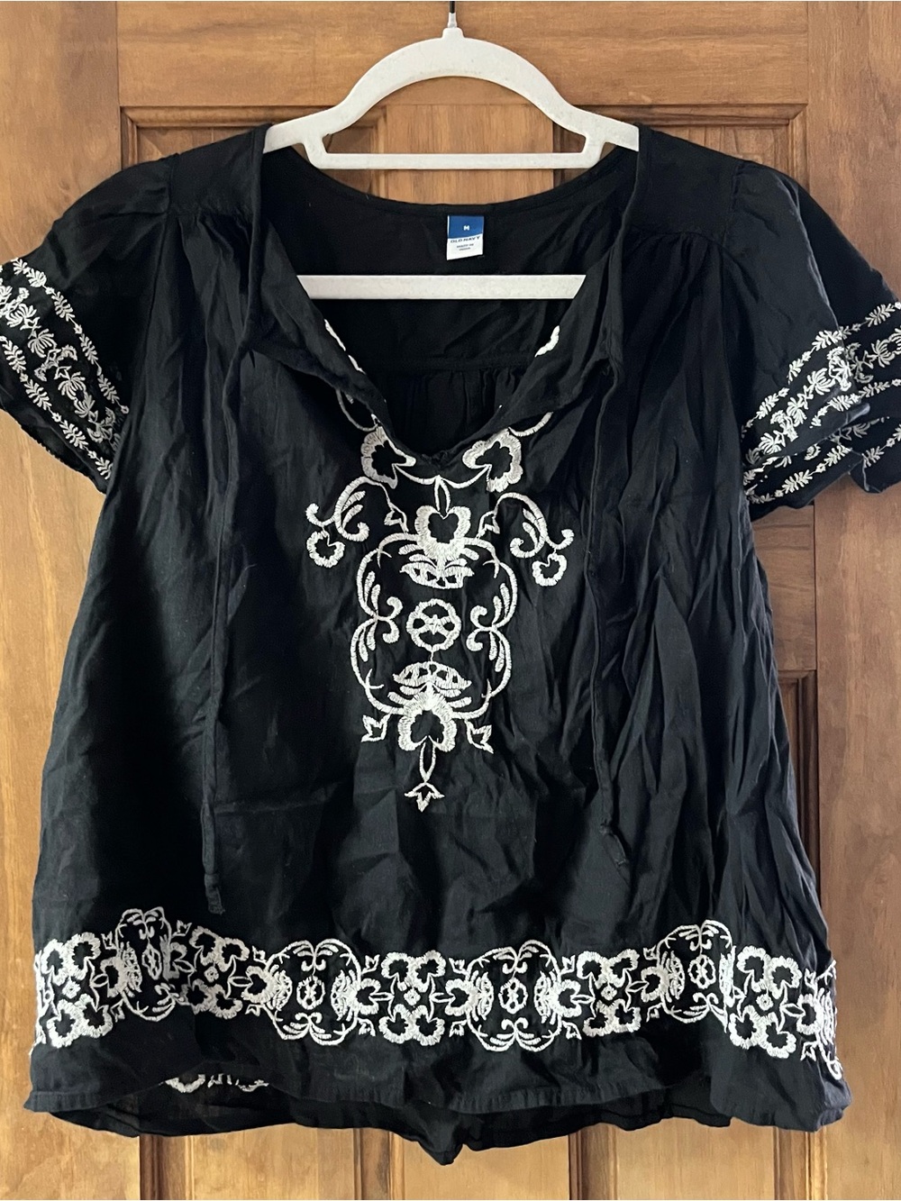 Old Navy Black Embroidered Blouse with White Accents